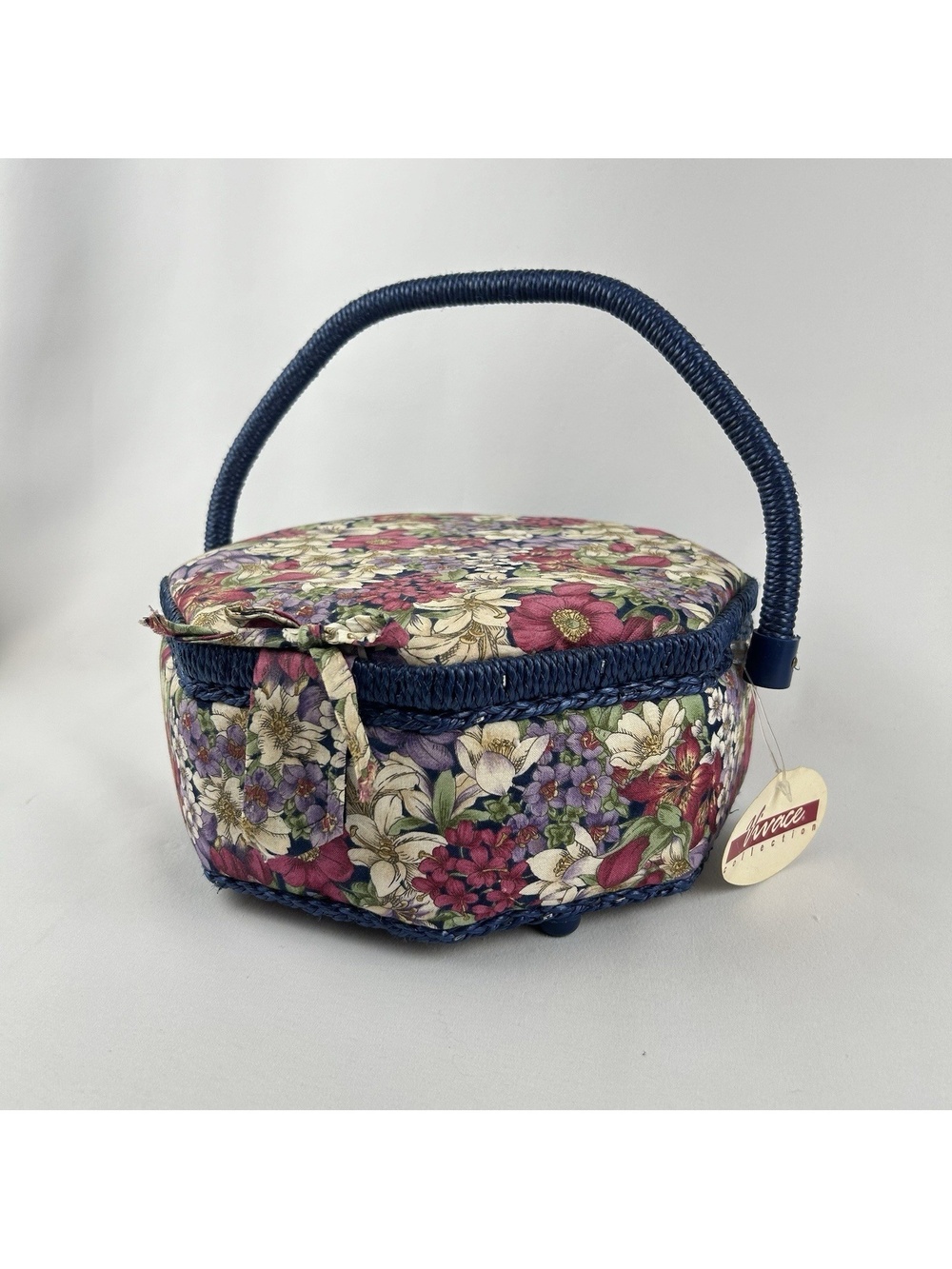 Vintage Sewing Basket Floral Design Octagon Shape With Blue Trim & Pin Cushion